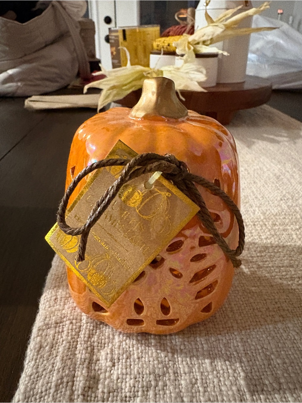 Orange Ceramic Pumpkin Accent with Gold Tag - Home Accents